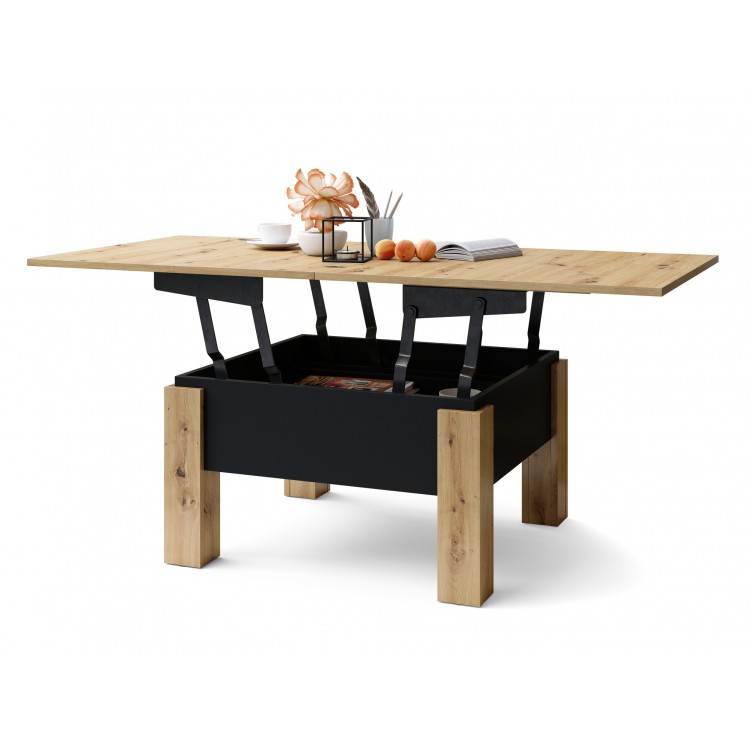 OSLO hrast artisan /crni mat, stolić za kavu sklopliv s funkcijom podizanja ploče stola
